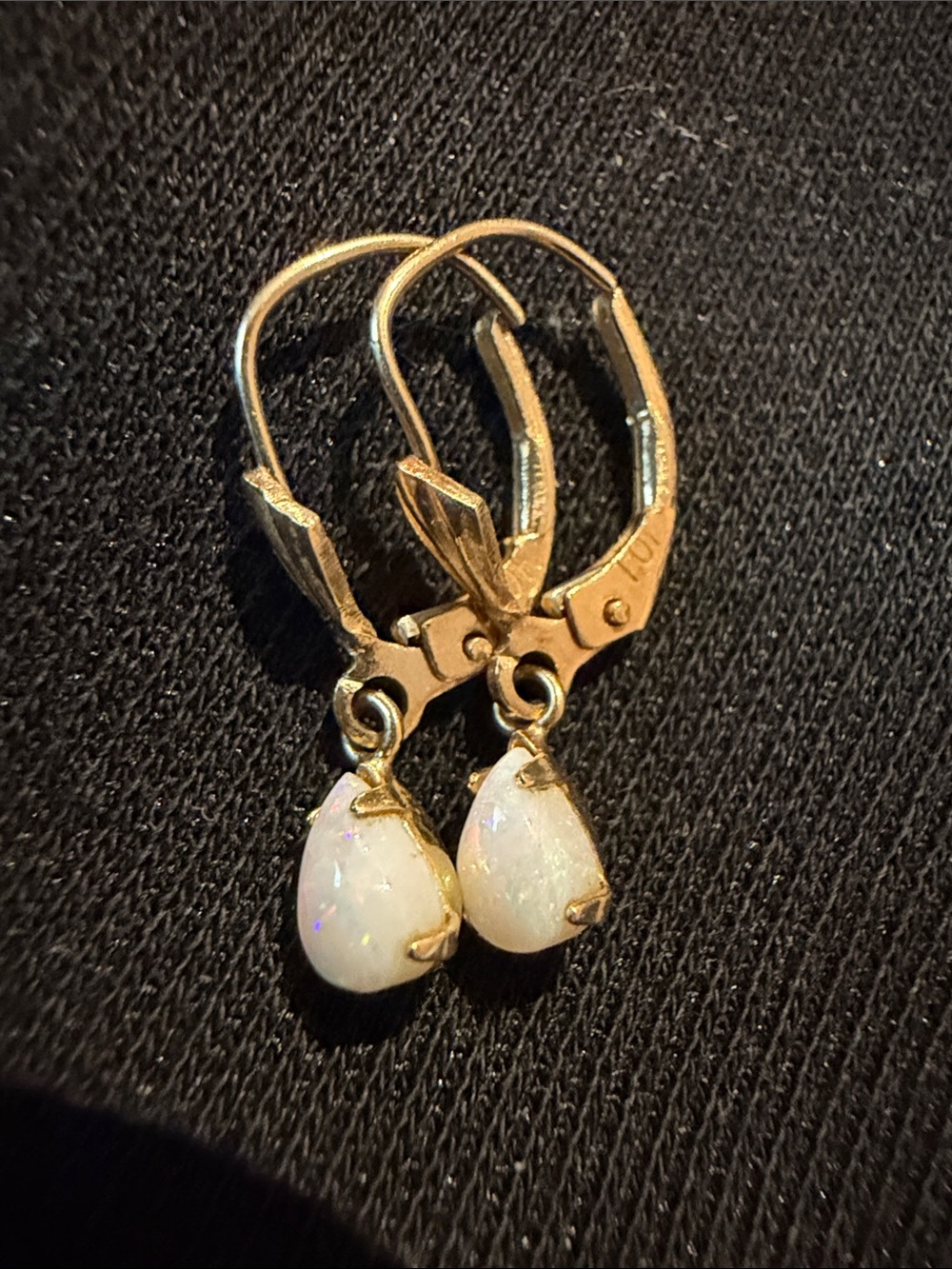 Solid 14K gold teardrop earrings with natural Australian opal gemstones